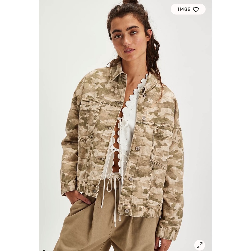Free People‎ Opal Swing Printed Denim Jacket Camo Military Size Small